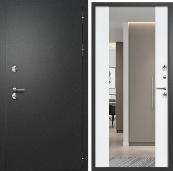 Дверь Айварс ТЭРМО Зеркало Букле чёрный/Велюто Биянко 860*2050 R Практичные двери