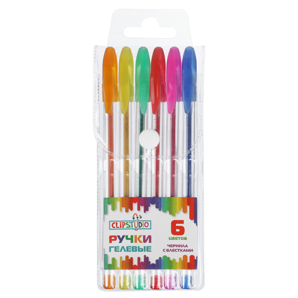 Набор гелевых ручек ClipStudio 6 цветов с блестками, наконечник 0,7 мм, в ПВХ пенале с подвесом