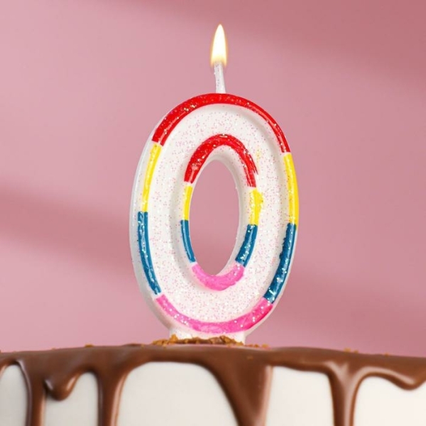 Свеча для торта цифра "0" цветная полосочка, 7 см