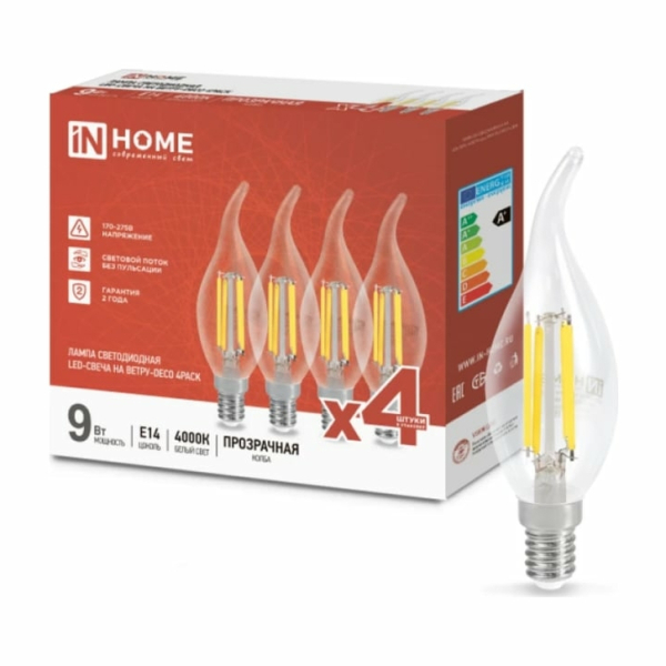 Лампа св/д Е14 LED-свеча-deco 9Вт 3000К (4шт./упак) прозрачная IN HOME