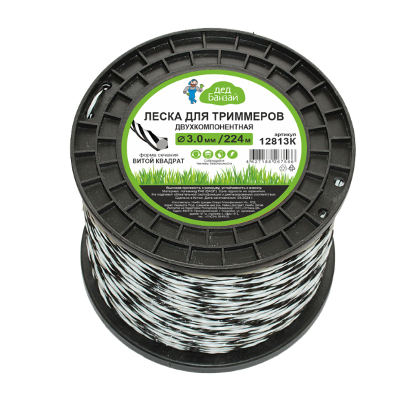 Леска для триммера 3мм Витой двухкомпонентная витой квадрат 224м Дед Банзай