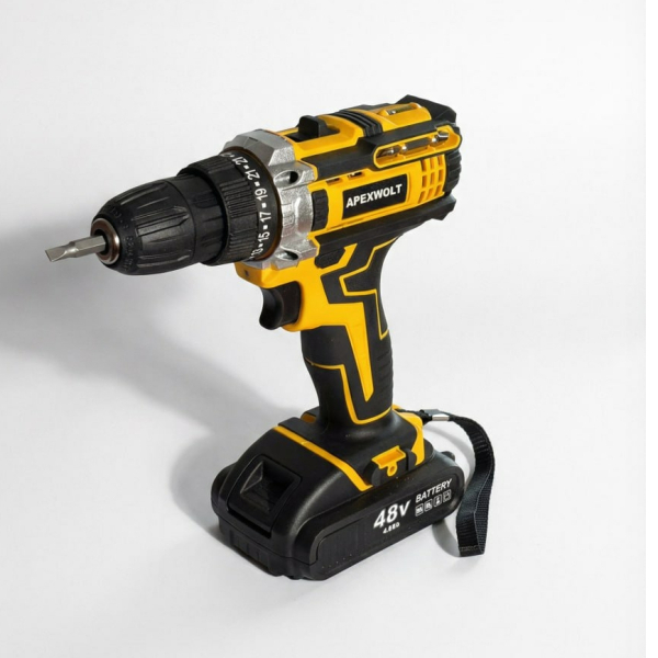Шуруповерт акк 48В 24/42Нм 0-350/0-1750 об/мин 2*4А*ч 2 режима набор оснастки кейс APEXWOLT