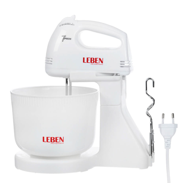 Миксер кухонный 100Вт 7 скоростей 2 пары насадок пластиковая чаша 2л Leben