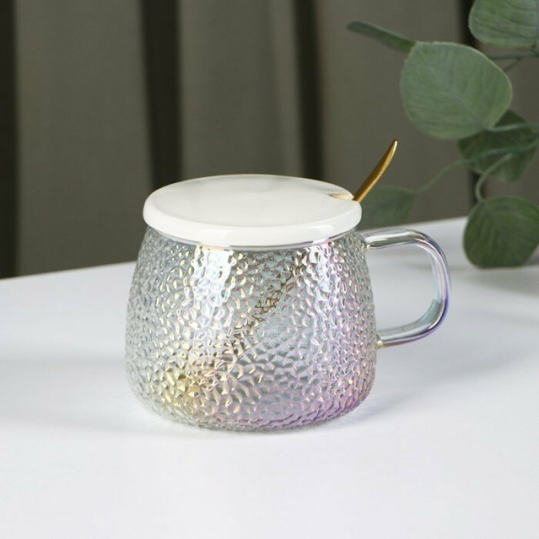 Кружка стеклянная с крышкой и ложкой Magistro «Диамант», 450 мл, цвет перламутровый