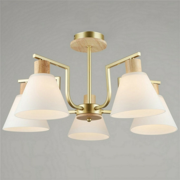 Люстра 5*60Вт Е27  дерево плафон стекло золотой 59*31 см  20м2см Baizheng