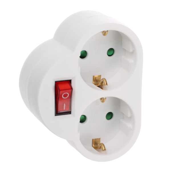 FORZA Разветвитель 2 х гнезда, евро, с заземлением, 16А, 3500Вт, с выключателем, белый