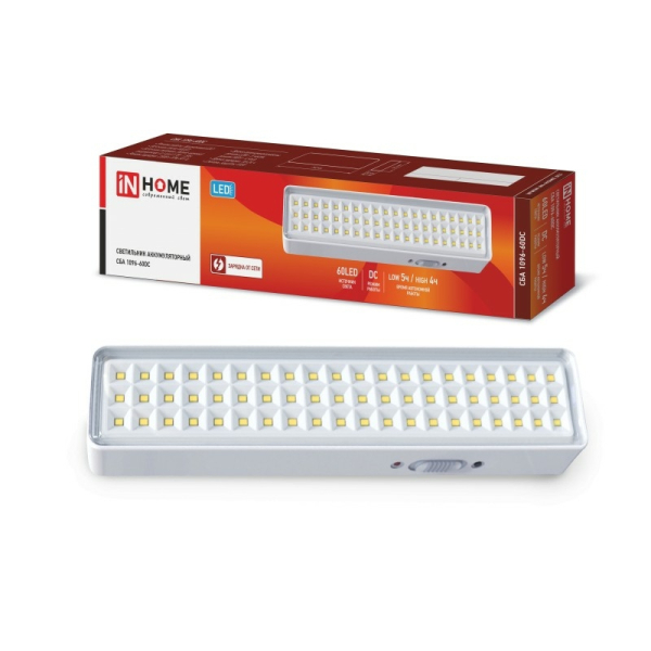 Светильник св/д аварийный 9Вт СБА 1096-60DC 60LED 1.5Ah lithium battery DC IN HOME