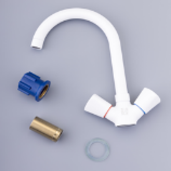 Смеситель для кухни маховик высокий излив белый мрамор латунь 450605-46 SANDAY