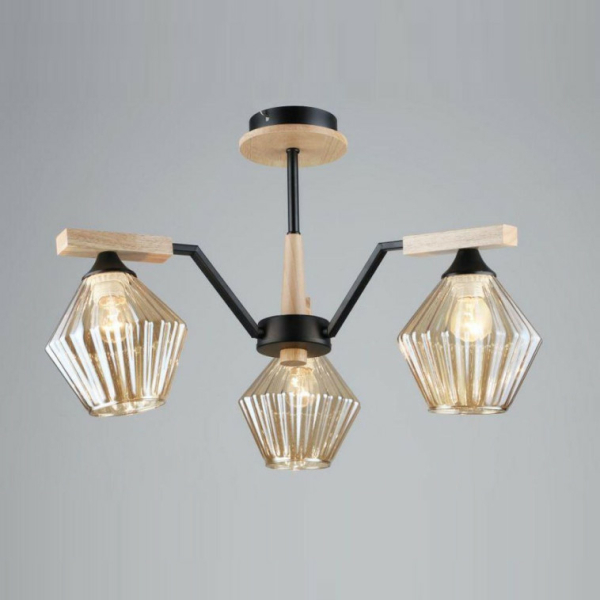 Люстра 3*60Вт Е27  плафон стекло черный-дерево 58*34 см 12м2 Baizheng