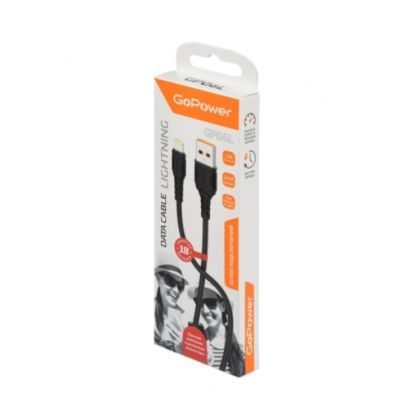 Кабель type 2,4A быстрая зарядка ПВХ, 1м, черный GP06T USB(A) GoPower