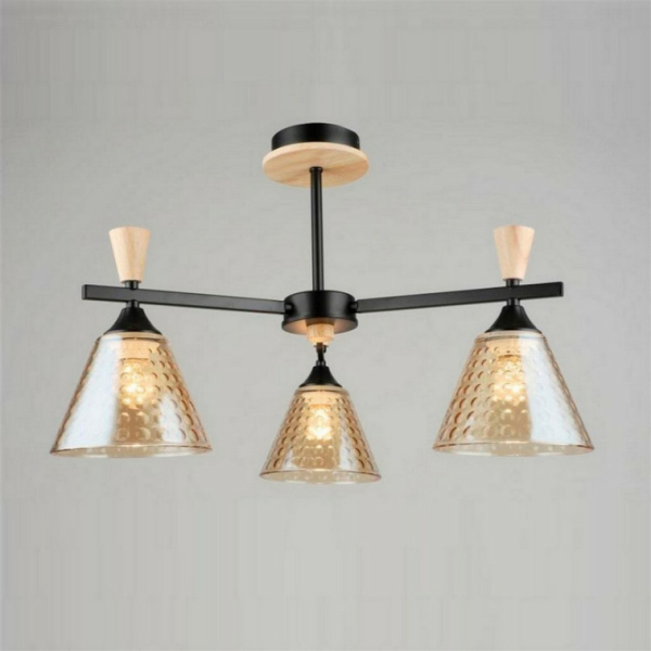 Люстра 3*60Вт Е27   плафон стекло черный-дерево 59,5*35,5 см 12м2 Baizheng