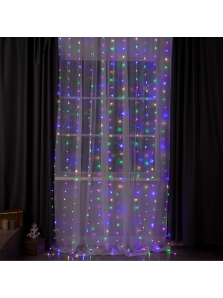 Гирлянда «Занавес» 2×3 м роса, IP20, серебристая нить, 450 LED, свечение мульти, 8 режимов, 220 В