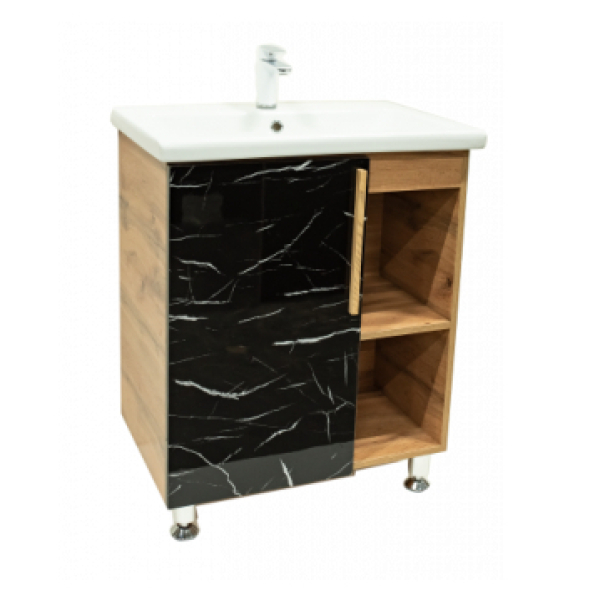 Тумба напольная АФРИКА 60 Черный мрамор/Дуб Вотан под умывальник COMO 60
