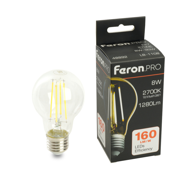 Лампа св/д A60  8Вт 2700К E27 филамент Feron.PRO