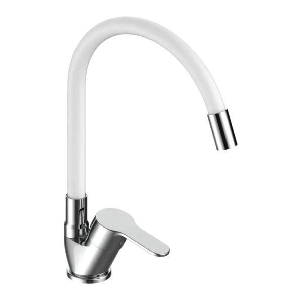 Смеситель для кухни однорычажный силиконовый излив белый латунь EH 519 Elastic hose white VODA