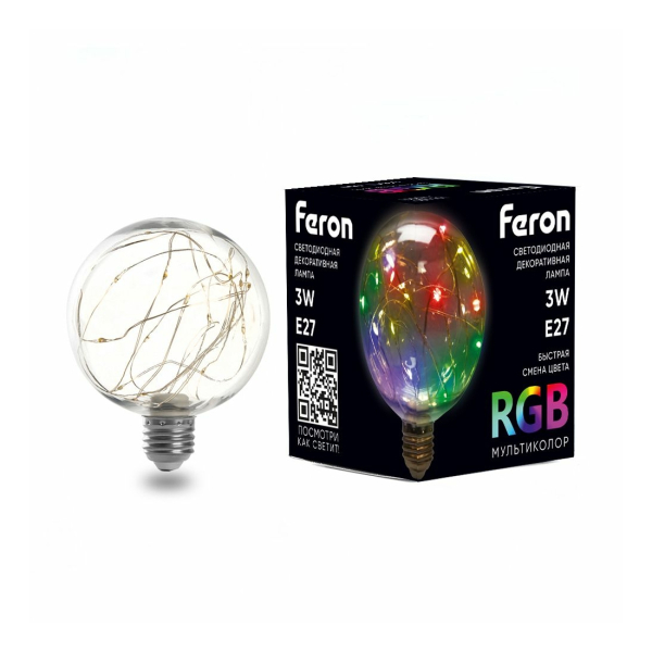 Лампа св/д G95 3Вт RGB Е27 прозрачная Feron