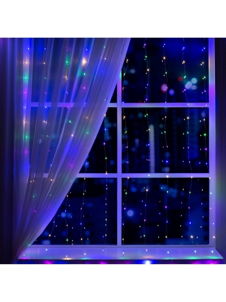Гирлянда «Занавес» 2×2 м роса, IP20, серебристая нить, 300 LED, свечение мульти, 12 В