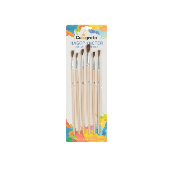 Набор кистей для творчества 6шт круглые деревянная ручка Calligrata