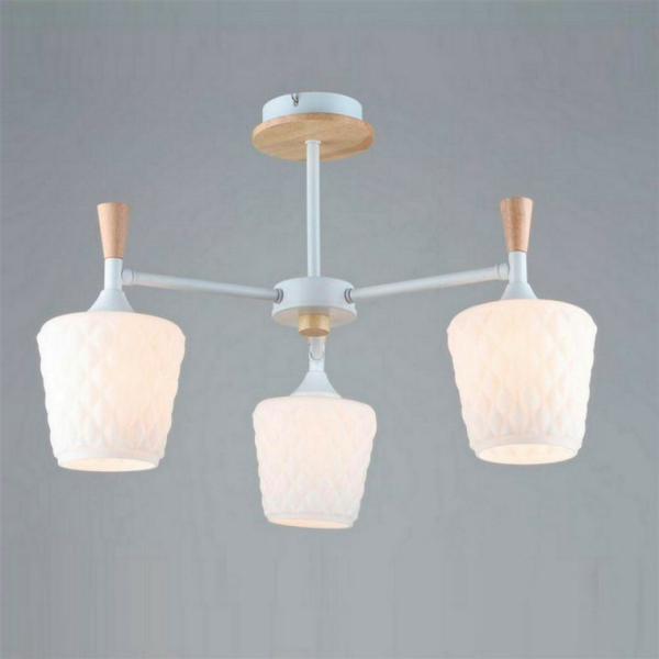 Люстра 3*60Вт Е27плафон стекло белый-дерево 57*37 см 12м2 Baizheng