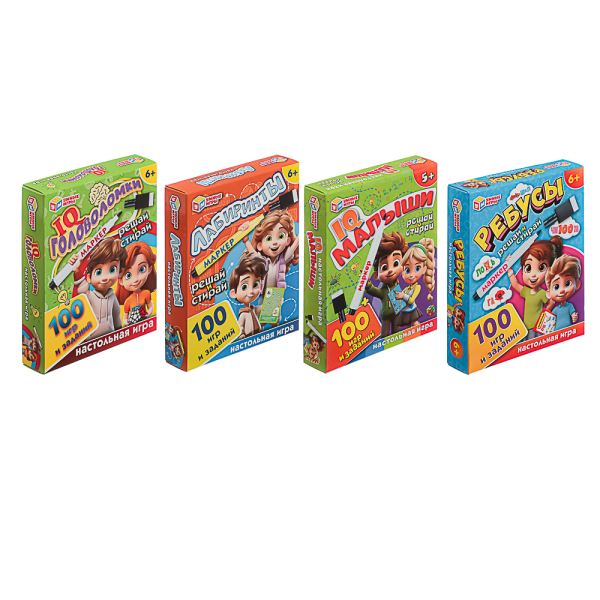 Игровые карточки и маркер "IQ задания", 11х14,х2,5см, 5 дизайнов