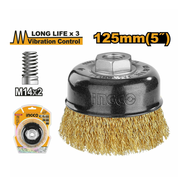 Щетка для УШМ чашка 125мм М14 латунированная проволока INGCO WB11255