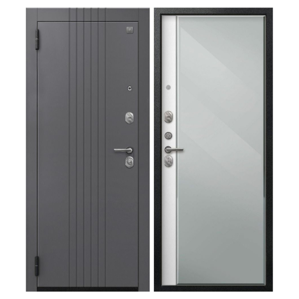 Дверь A-12/1 Чёрный муар Кашемир графит/Софт ясень грей 860*2050  ЗЕРКАЛО Л Центурион 2026