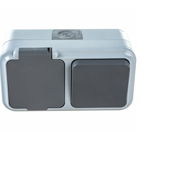 Блок ОУ выключатель 1 кл. + розетка 1 мест. с з/к, IP54 серый  Пралеска Bylectrica