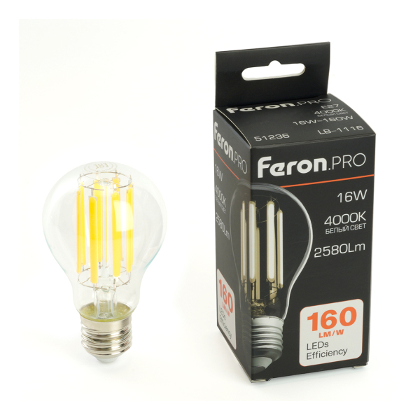 Лампа св/д A60 16Вт 4000К E27 филамент Feron.PRO