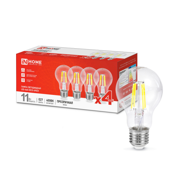 Лампа св/д Е27 LED-A60-deco 11Вт 4000К Е27 (4шт./упак) прозрачная IN HOME