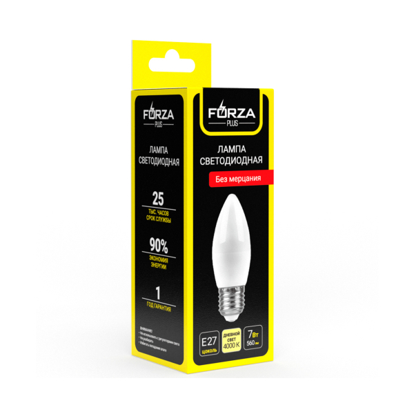 FORZA Лампа светодиодная С37 7 Вт, Е27, 560 Лм, 4000 К, 175-265 В, Ra>80, IRF <5%, 1 год гар.