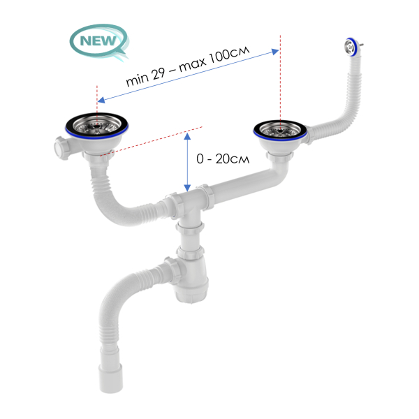 Сифон для мойки 3-1/2"*40мм со смещением 2 перелива с гофрой 40*40/50 D0129-12-MR AQUANT