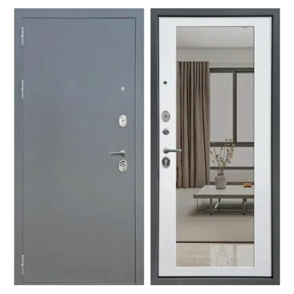 Дверь Аркан Зеркало Букле графит/Велюто Биянко 860*2050 R Практичные двери