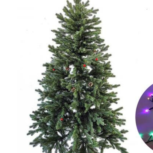 Ель искусственная 210 см литая +ПВХ шишки ягоды металл подставка + гирлянда 120-062 Fex