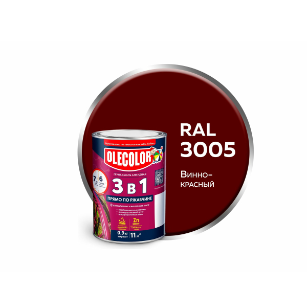 Грунт-эмаль по ржавчине винно-красный RAL 3005 0,9л Olecolor