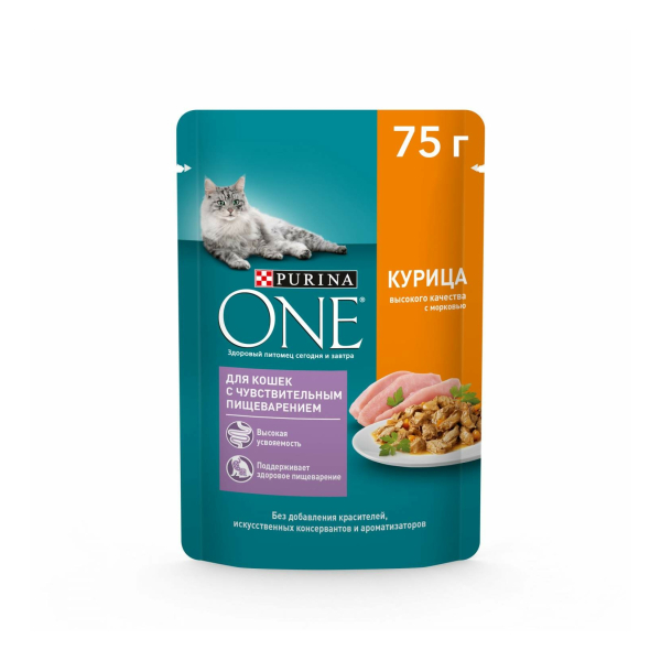 Корм Purina One для взрослых кошек с чувствительным пищеварением с курицей 75гр