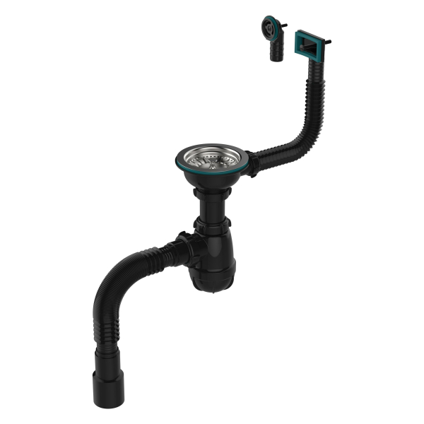 Сифон для мойки 3-1/2"*40мм нерж.выпуск П/К перелив с гофрой 40мм*40/50мм черный B0187-20-MR AQUANT