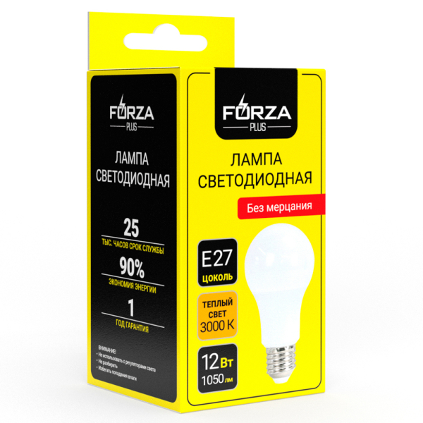 FORZA Лампа светодиодная A60 12 Вт, Е27, 1050 Лм, 3000 К, 175-265 В, Ra>80, IRF <5%, 1 год гар.