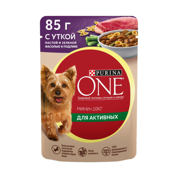 Корм Purina One Мини для собак с уткой пастой и зеленой фасолью в подливе 85гр