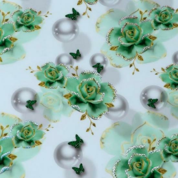Клеенка силиконовая 0,8*20 м 0,6 мм зеленые розы с крупным жемчугом на белом Baizheng