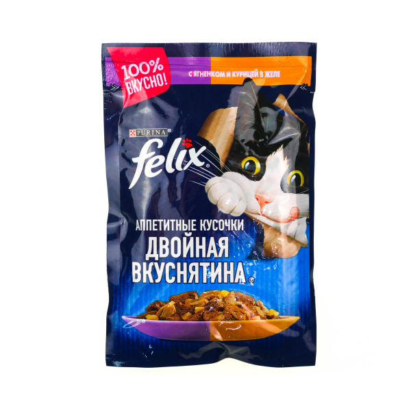 Корм Felix Двойная вкуснятина для кошек с ягненком и курицей в желе 75гр