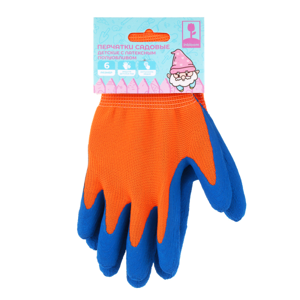 INBLOOM Перчатки садовые детские, с латексным полуобливом, полиэстер, р.6, 19.5см, 30г
