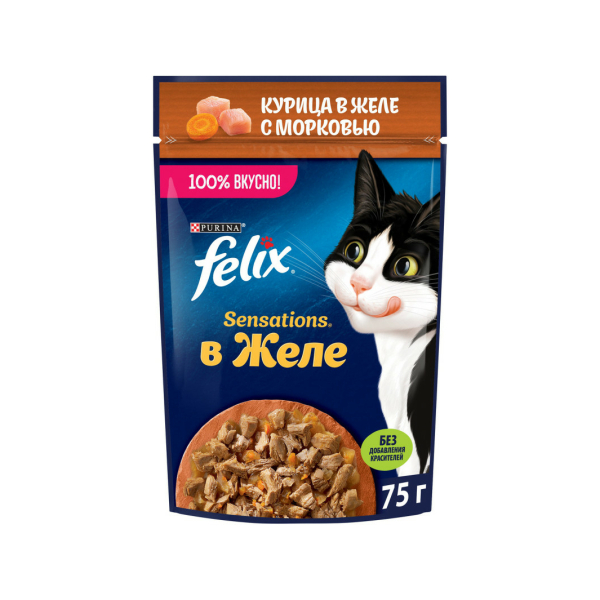 Корм Felix Sensations для кошек с курицей и морковью в желе 75гр