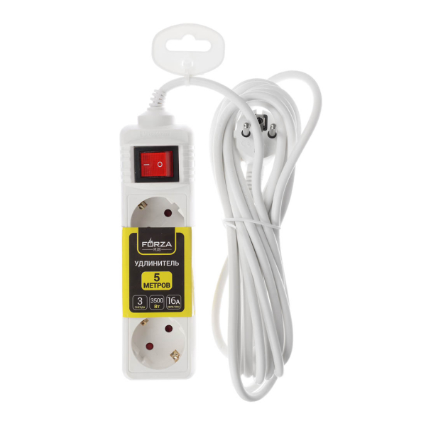 Удлинитель 3м 5гн 16А 350Вт (земля.выключатель,евро,шторка) ПВС 3*1 FORZA