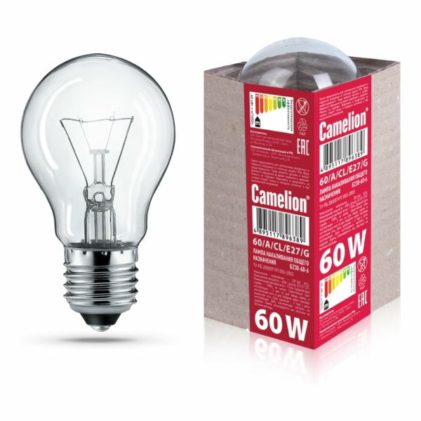 Camelion Лампа накаливания с прозрачной колбой, 60/A/CL/E27/G, ЛОН, ГОФРА, Б230-60-6