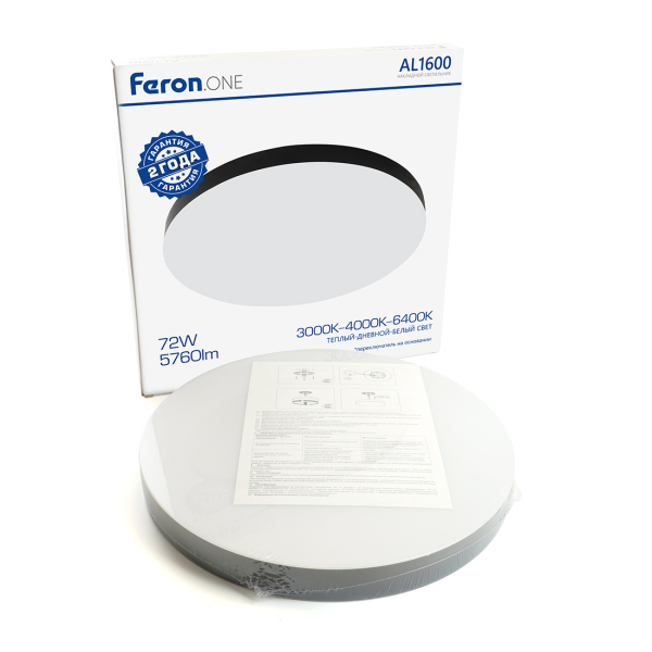 Светильник св/д  72Вт 3000К-6400K One белый/черный d 500*42мм без ПДУ AL1600 Feron