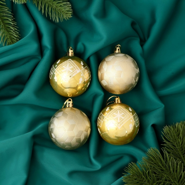 Ёлочные игрушки «Новогодние забавы», шары новогодние, d=5.5 см, набор 4 шт., ромб цветок, золото