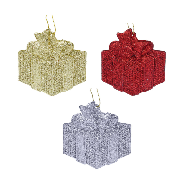 СНОУ БУМ Набор подвесок 3 шт. в виде подарков, глиттер, золото, серебро, красный, пластик, 7,5x7,5с