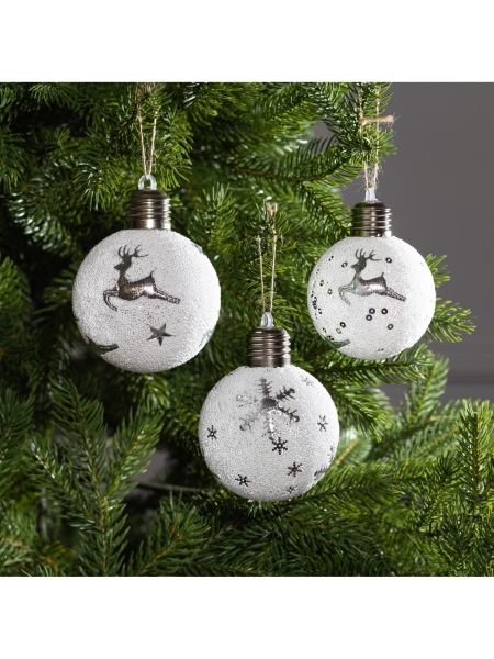 Набор ёлочных шаров «Серебристые узоры», 3 шт., d=8 см, 1 LED, от батареек, свечение белое