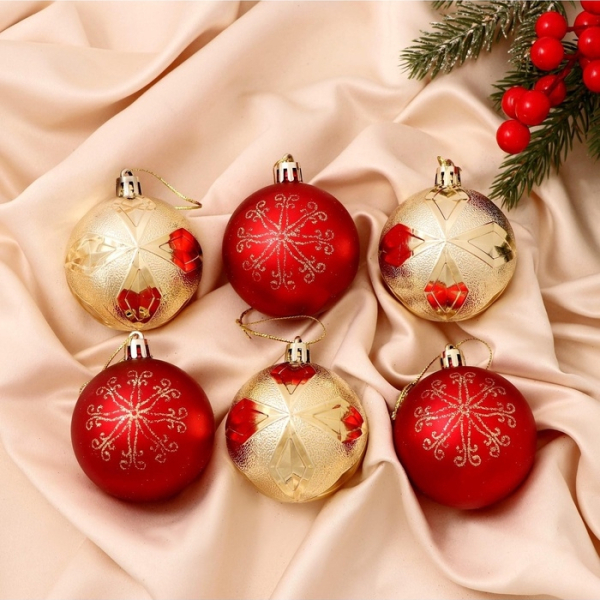 Набор пластиковых шаров d-6см 6шт золотисто-красный Беата узоры