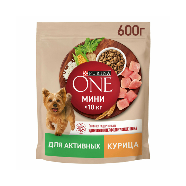 Корм Purina One Мини для активных собак мелких пород с курицей и рисом 600гр